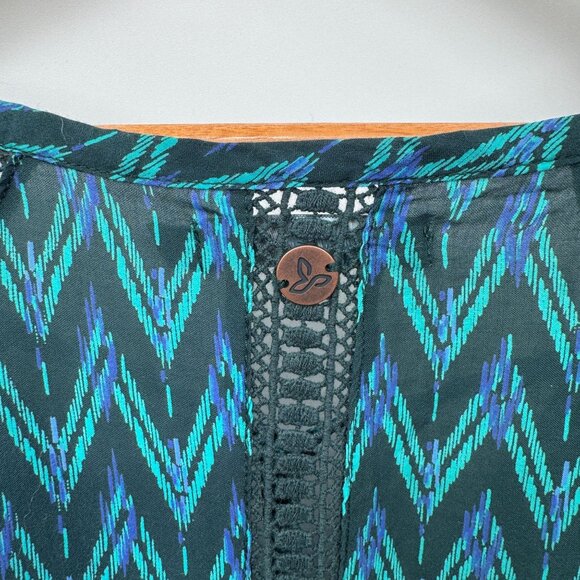 Prana Tacana Peasant Top Womens Large Green Purple Geometric Print Crochet Trim - Picture 9 of 9